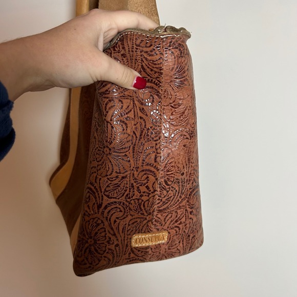 Consuela Sally Carryall Tote Bag Brown Embossed Leather Detachable Strap - Picture 6 of 12